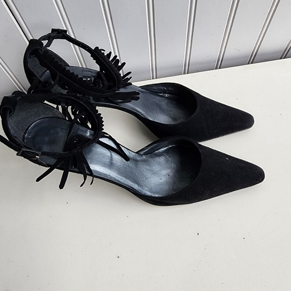 RARE Stuart Weitzman Fringelica Suede Point Toe Pump Black Ankle Strap Heel 7.5 - Picture 15 of 16